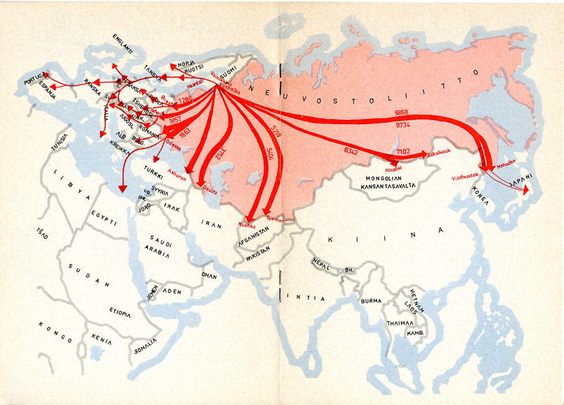 Karttakuva entisen Sosialististen Neuvostotasavaltojen Liiton läpi kulkevista tavaraliikennereiteistä.