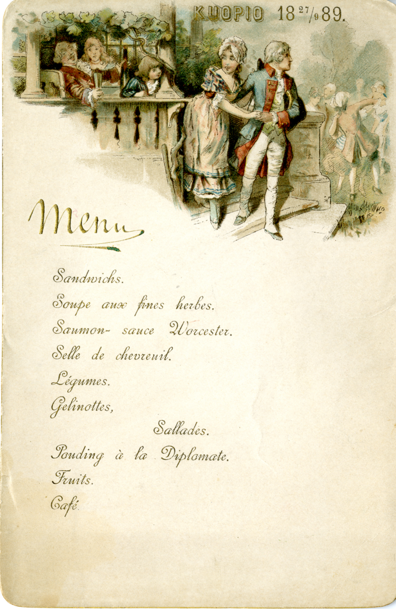 Ranskankielinen ruokalista, jonka yläkulmassa on väritetty piirroskuva juhlivista ihmisistä, sekä teksti Kuopio 27/9 1889.