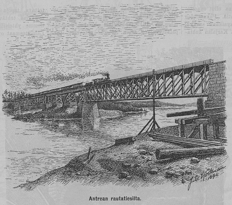 Piirros rautatiesillasta, jolla kulkee höyryveturin vetämä juna. Sillan alla kulkee joki, ja joen penkereellä on rakennuskalustoa.