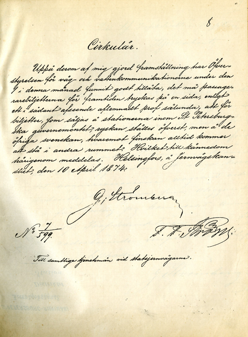 Ruotsinkielinen asiakirja, jossa teksti mustalla musteella. Alaosassa on kaksi allekirjoitusta.